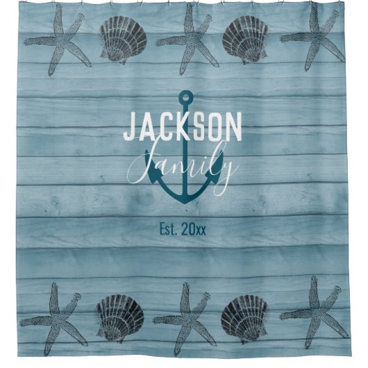 Rustikales Holz Starfish Custom Family Beach House Duschvorhang (Vorderseite)