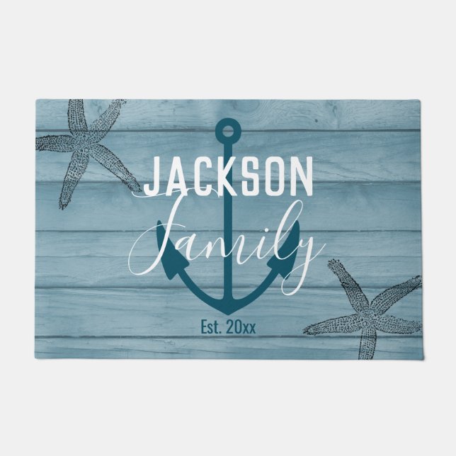 Rustikales Holz Starfish Custom Family Beach House Fußmatte (Vorderseite)