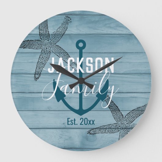 Rustikales Holz Starfish Custom Family Beach House Große Wanduhr (Vorderseite)