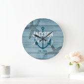 Rustikales Holz Starfish Custom Family Beach House Große Wanduhr (Zuhause)