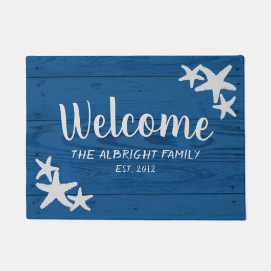 Rustikales Holz Starfish Türkisches Meer Blau Fußmatte (Vorderseite)