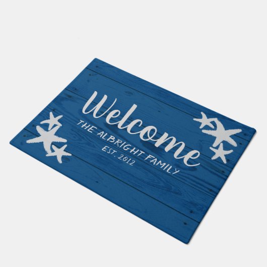 Rustikales Holz Starfish Türkisches Meer Blau Fußmatte (Schrägansicht)