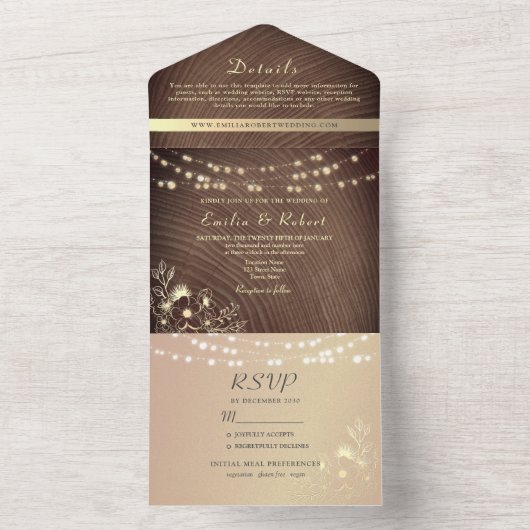 Rustikales Holz-Streichellicht Hochzeit All In One Einladung (Innen Boden)