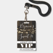 Rustikales Holz Streichellicht Sweet 16 VIP Pass Ausweis (Rückseite mit Lanyard)