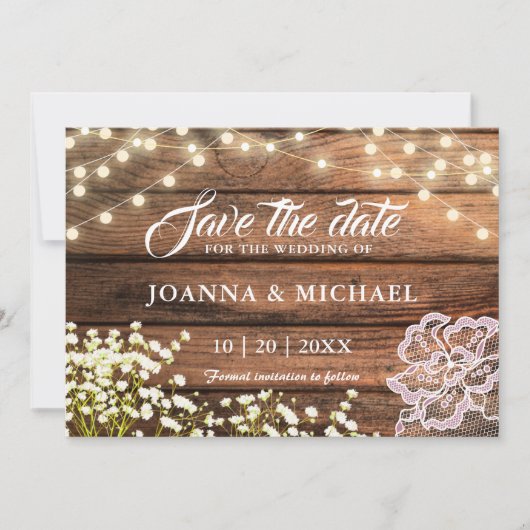 Rustikales Holz-Streichellicht und Spitzenland Save The Date (Vorderseite)