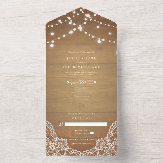 Rustikales Holz-Streichellicht Weiße Spitze All In One Einladung (Innen Boden)