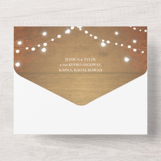 Rustikales Holz-Streichellicht Weiße Spitze All In One Einladung (Rückseite)