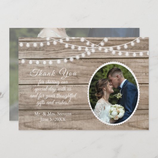 Rustikales Holz, Streichellichter Hochzeit danke K Einladung (Vorne/Hinten)