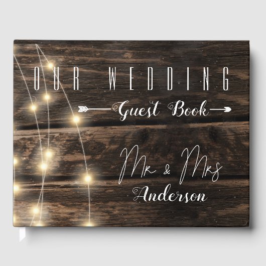 Rustikales Holz-String-Licht Hochzeitgedächtnis Gästebuch (Vorderseite)