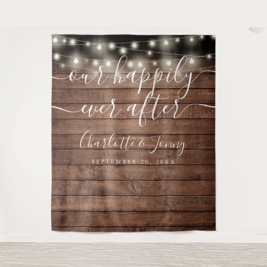 Rustikales Holz-String-Licht Hochzeitslicht Foto H Wandteppich (Vorderseite)