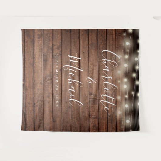 Rustikales Holz-String-Licht Hochzeitslicht Foto H Wandteppich (Vorderseite (Horizontal))