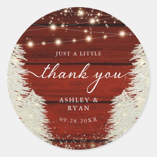 Rustikales Holz-String Lichter Bäume Hochzeit Viel Runder Aufkleber (Vorderseite)