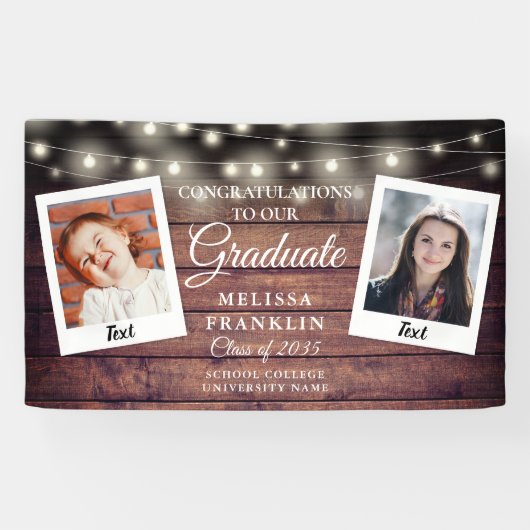 Rustikales Holz String Lights 2 Foto Abschluss Banner (Horizontal)