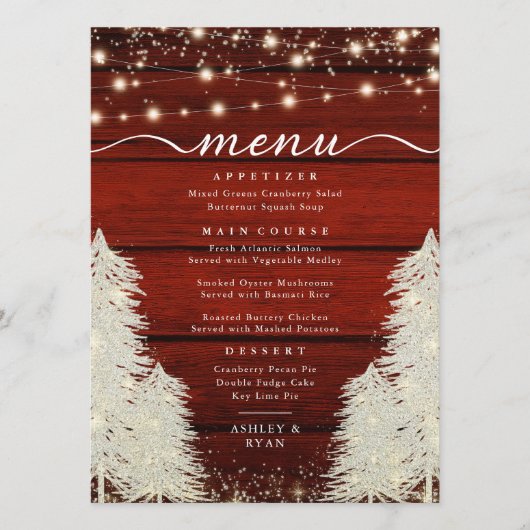 Rustikales Holz | String Lights | Baumhochzeit Menükarte (Vorderseite)