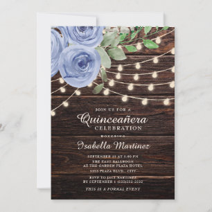 Rustikales Holz String Lights Blue Floral Quinceañ Einladung