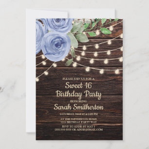 Rustikales Holz String Lights Blue Floral Sweet 16 Einladung