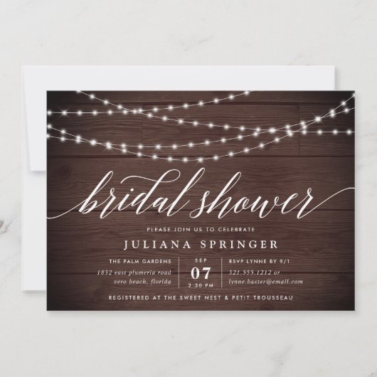 Rustikales Holz String Lights Bridal Dusche Einlad Einladung (Vorderseite)