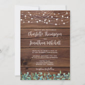 Rustikales Holz String Lights Eukalyptus QR Weddin Einladung (Vorderseite)