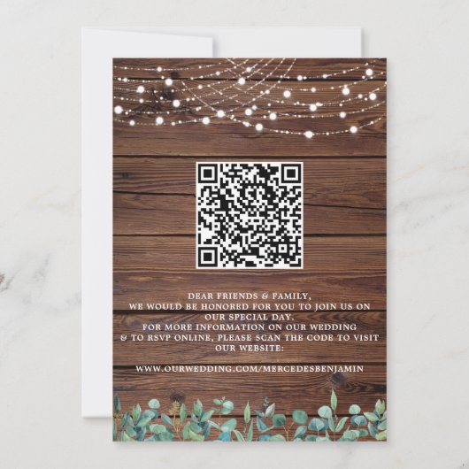 Rustikales Holz String Lights Eukalyptus QR Weddin Einladung (Rückseite)