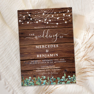 Rustikales Holz String Lights Eukalyptus QR Weddin Einladung