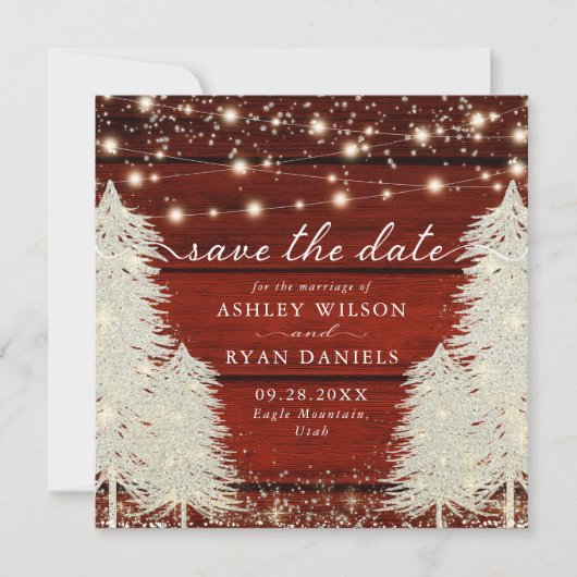Rustikales Holz | String Lights | Foto Bäume Save The Date (Vorderseite)