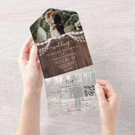 Rustikales Holz String Lights Foto QR Code Wedding All In One Einladung