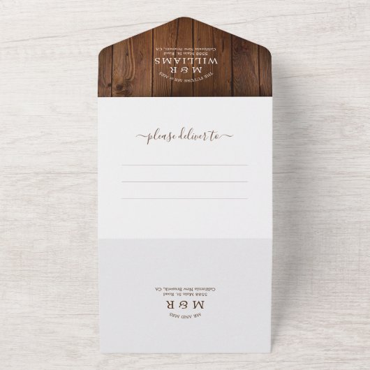 Rustikales Holz String Lights Foto QR Code Wedding All In One Einladung (Außenbereich)