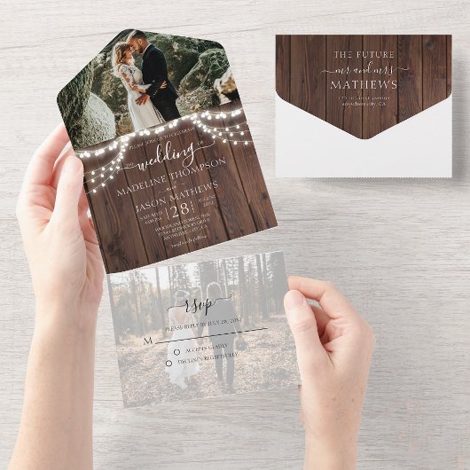 Rustikales Holz String Lights Foto UAWG Wedding All In One Einladung