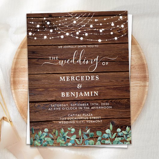 Rustikales Holz String Lights Grüne QR Code Hochze Postkarte