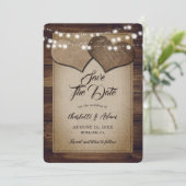 Rustikales Holz-String Lights Herz Hessian Wedding Save The Date (Stehend Vorderseite)