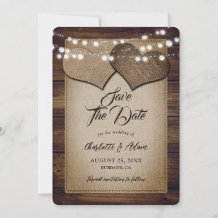 Rustikales Holz-String Lights Herz Hessian Wedding Save The Date