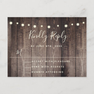 Rustikales Holz-String-Lights Hochzeit RSVP Postca Postkarte