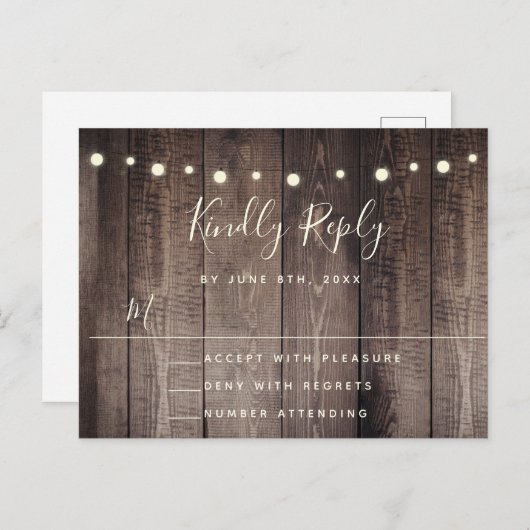 Rustikales Holz-String-Lights Hochzeit RSVP Postca Postkarte (Vorne/Hinten)