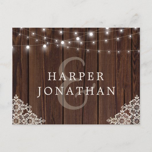 Rustikales Holz-String-Lights Hochzeit RSVP Postkarte (Vorderseite)