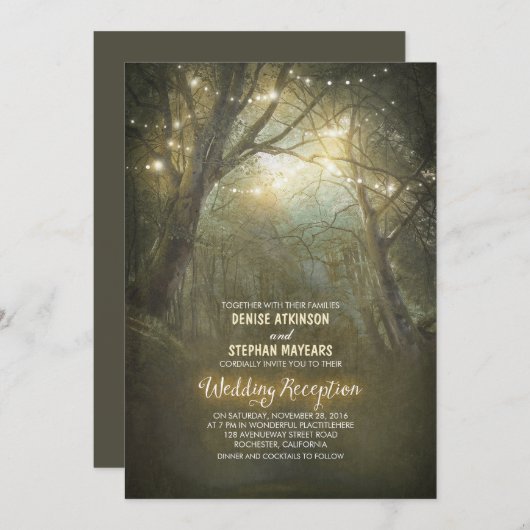 Rustikales Holz-String-Lights Hochzeitsempfang Einladung (Vorne/Hinten)