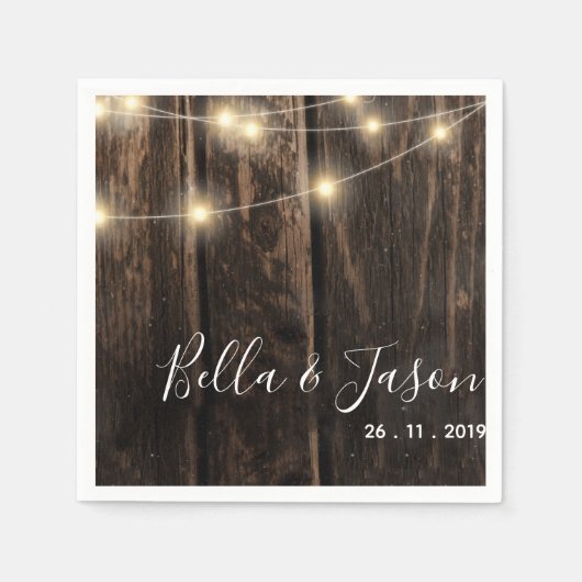 Rustikales Holz String Lights Hochzeitspapier Napk Serviette (Vorderseite)