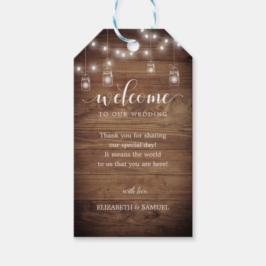Rustikales Holz String Lights Hochzeitsskript Begr Geschenkanhänger (Vorderseite)