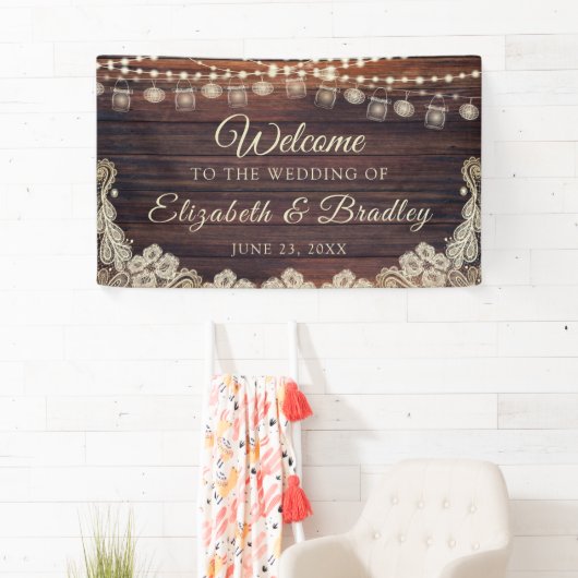 Rustikales Holz String Lights Jars Ivory Lace Wedd Banner (Insitu)