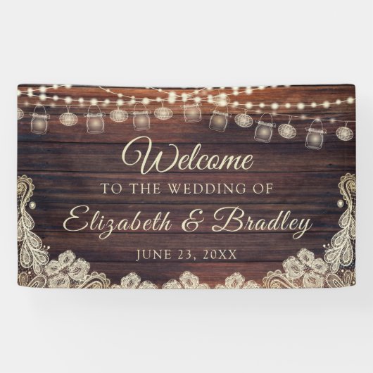 Rustikales Holz String Lights Jars Ivory Lace Wedd Banner (Horizontal)