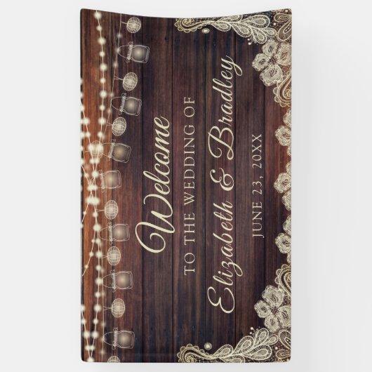 Rustikales Holz String Lights Jars Ivory Lace Wedd Banner (Vertikal)