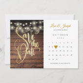 Rustikales Holz String Lights Kalender Gold Herz Save The Date (Vorderseite)