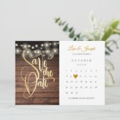 Rustikales Holz String Lights Kalender Gold Herz Save The Date (Stehend Vorderseite)