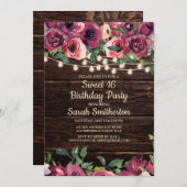 Rustikales Holz-String-Lights Lila Blumensüß 16 Einladung (Vorne/Hinten)