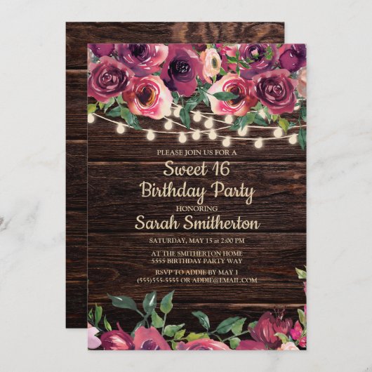 Rustikales Holz-String-Lights Lila Blumensüß 16 Einladung (Vorne/Hinten)