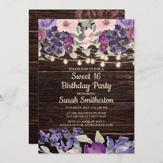 Rustikales Holz-String-Lights Lila Blumensüß 16 Einladung (Vorne/Hinten)