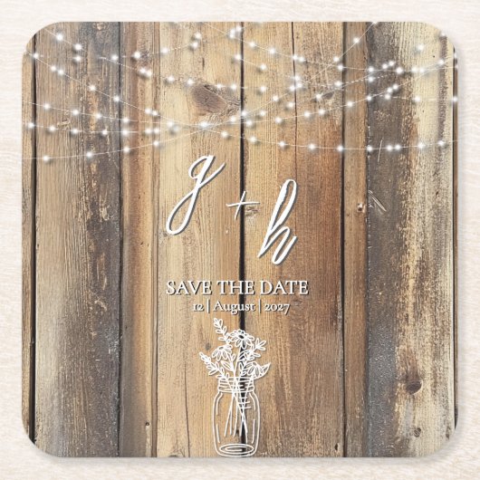 Rustikales Holz String Lights Mason Jar Speichern  Rechteckiger Pappuntersetzer (Vorderseite)