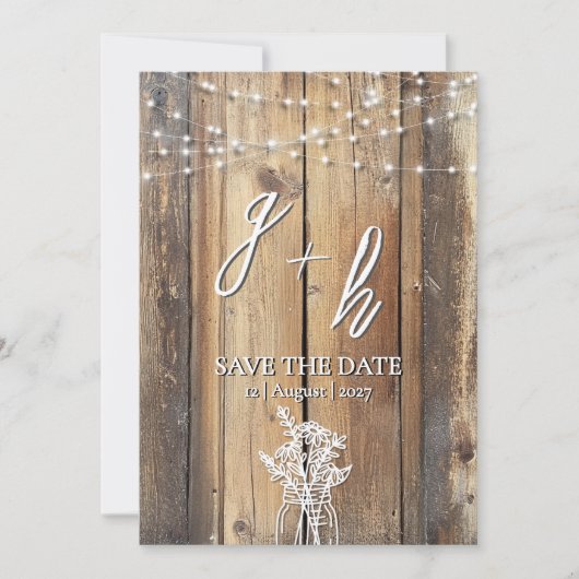 Rustikales Holz String Lights Mason Jar Speichern  Save The Date (Vorderseite)