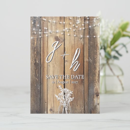 Rustikales Holz String Lights Mason Jar Speichern  Save The Date (Stehend Vorderseite)