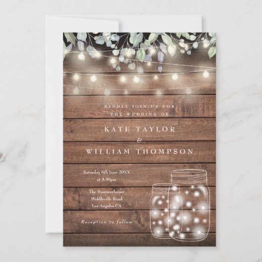 Rustikales Holz String Lights Mason Jar Wedding Einladung (Vorderseite)