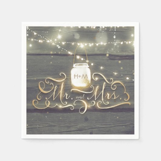 Rustikales Holz String Lights Mason Jar Wedding Serviette (Vorderseite)